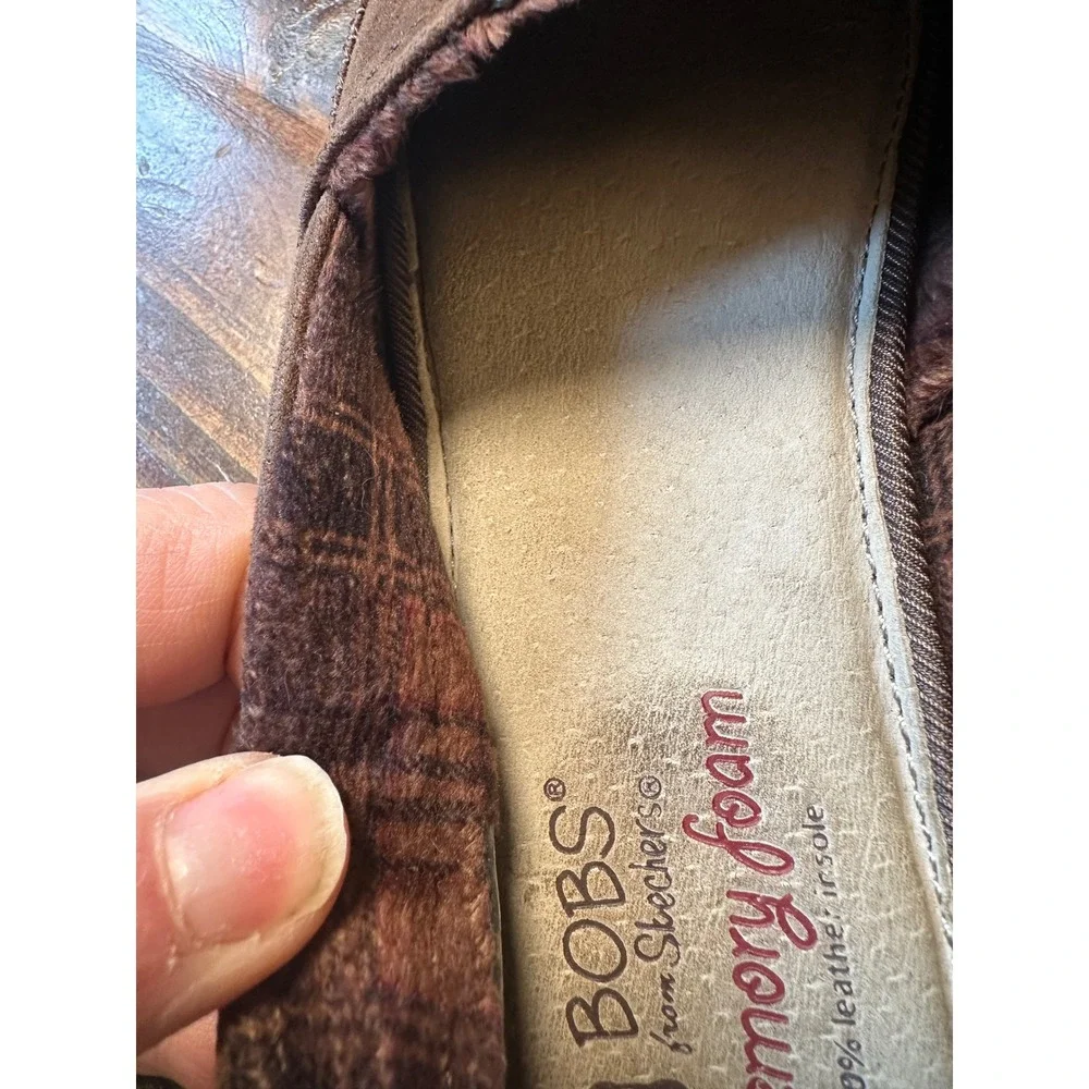Skechers BOBS‎ Women 9 Brown Memory Foam Faux Leather Plaid Lined Loafers 33731